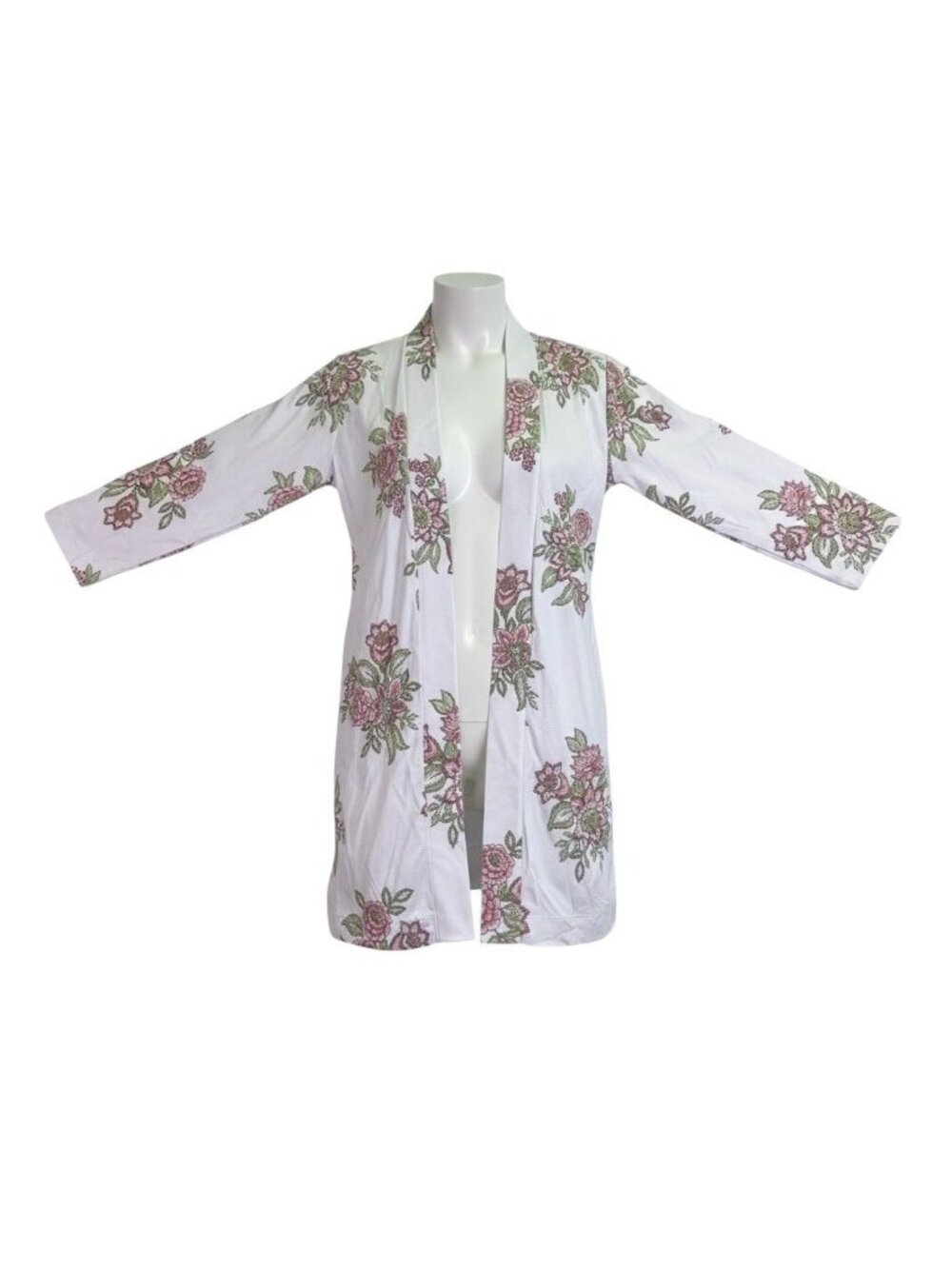 The Company Store Womens White Pink Floral Robe Relaxed Fit  Sz XS
